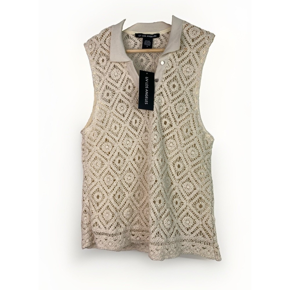 NWT Liv Los Angeles Women's S Beige Sleeveless Lined Open Knit Collared Sweater